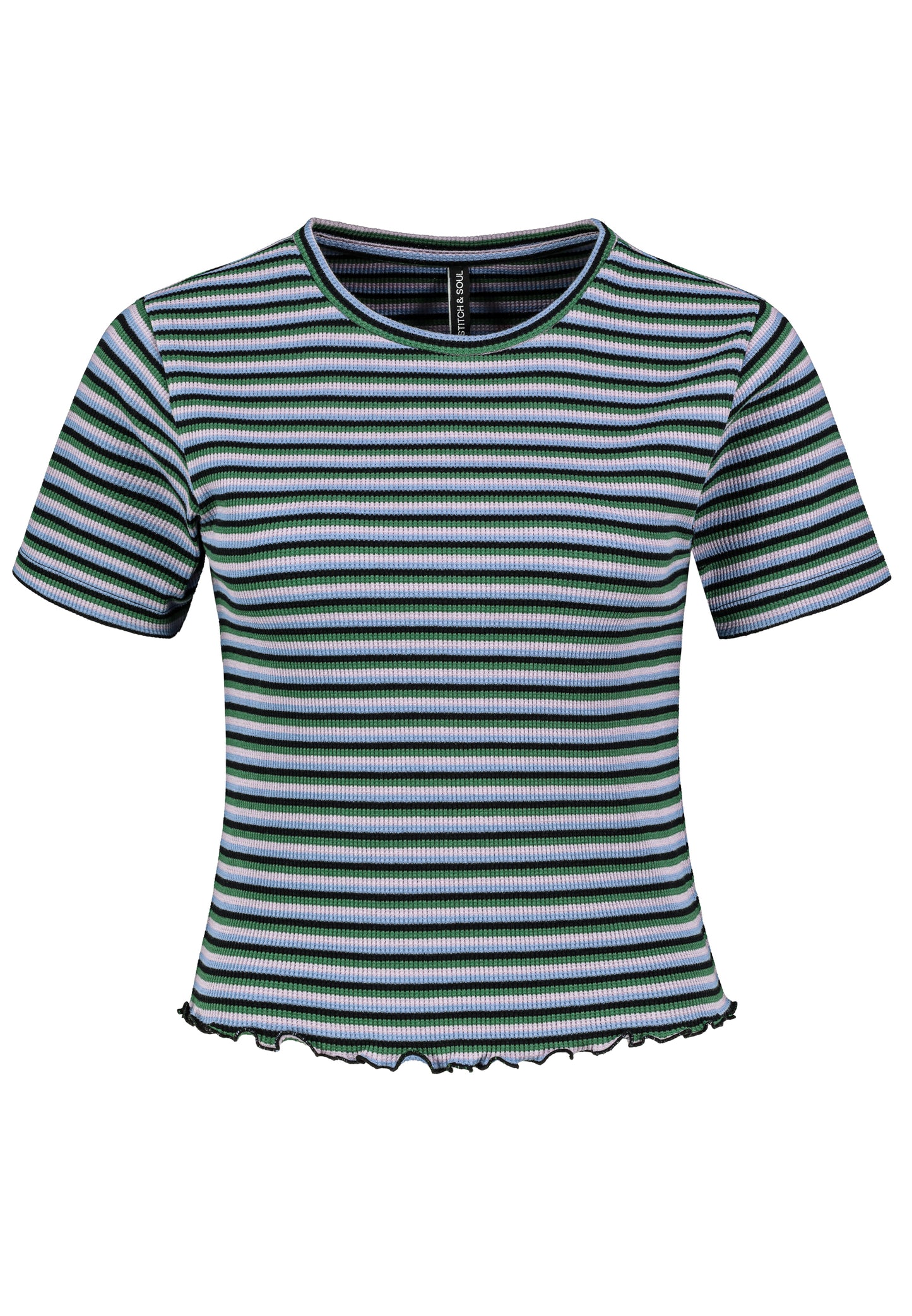 DOB Shirt, cropped, kurzarm, Rundhals mit Piping, Saum und Ärmel mit Rollsaum,Allover Streifen