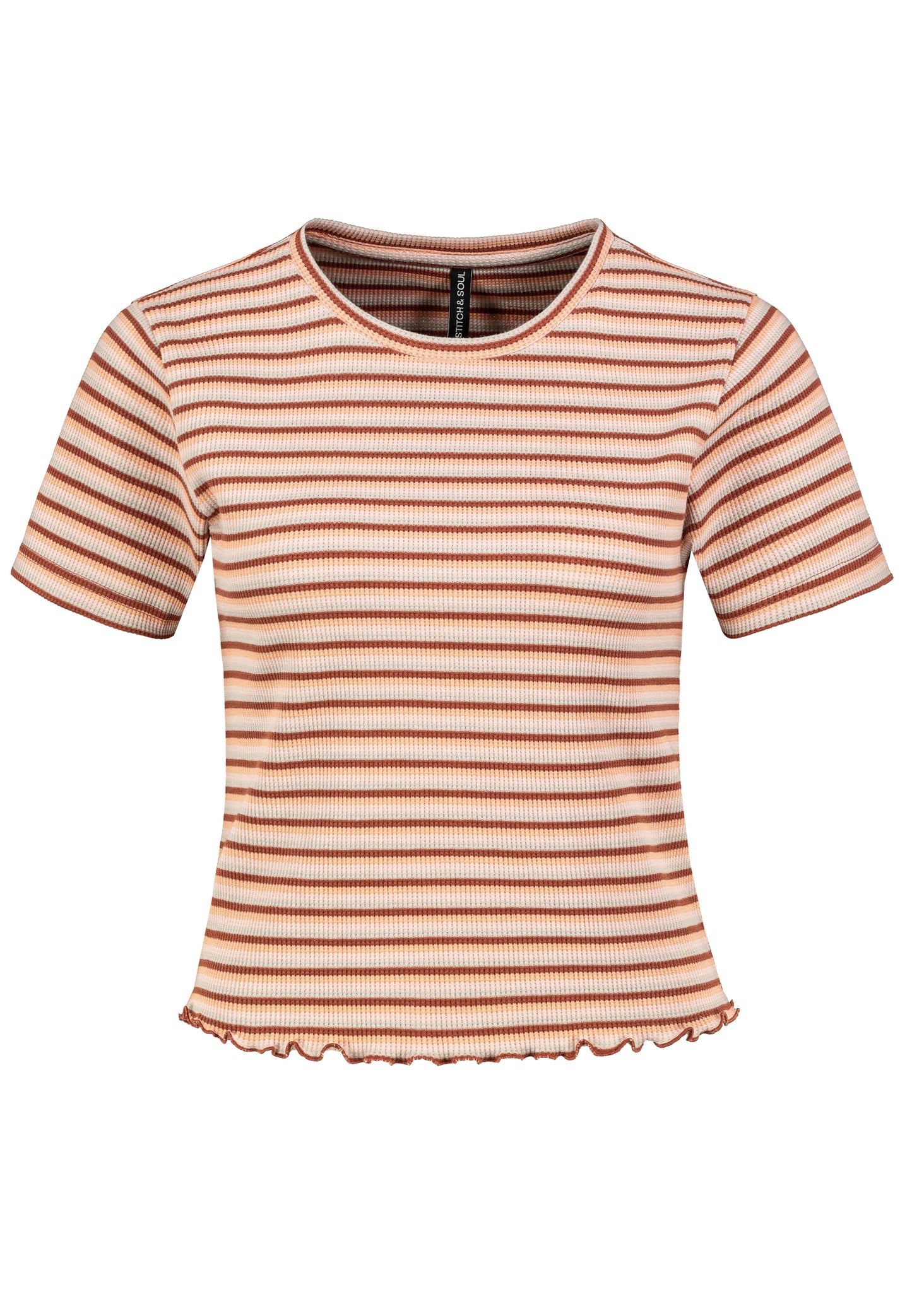 DOB Shirt, cropped, kurzarm, Rundhals mit Piping, Saum und Ärmel mit Rollsaum,Allover Streifen